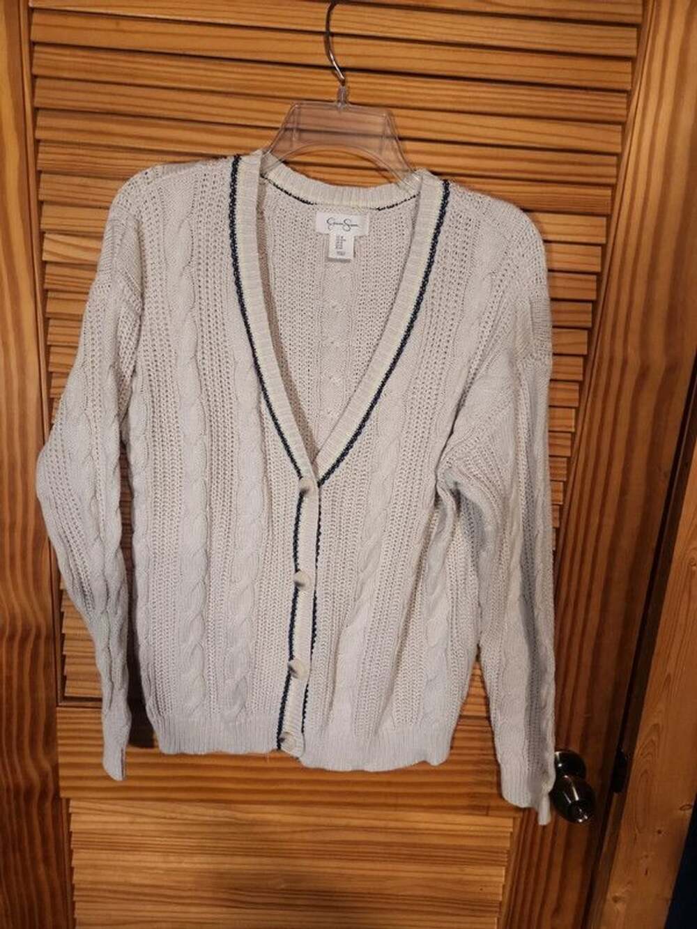 Y2k Jessica Simpson Cream Cable Knit V-Neck Cardigan Sweater Navy Trim Medium